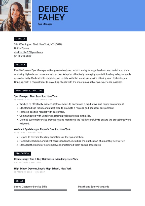 Spa Manager resume example