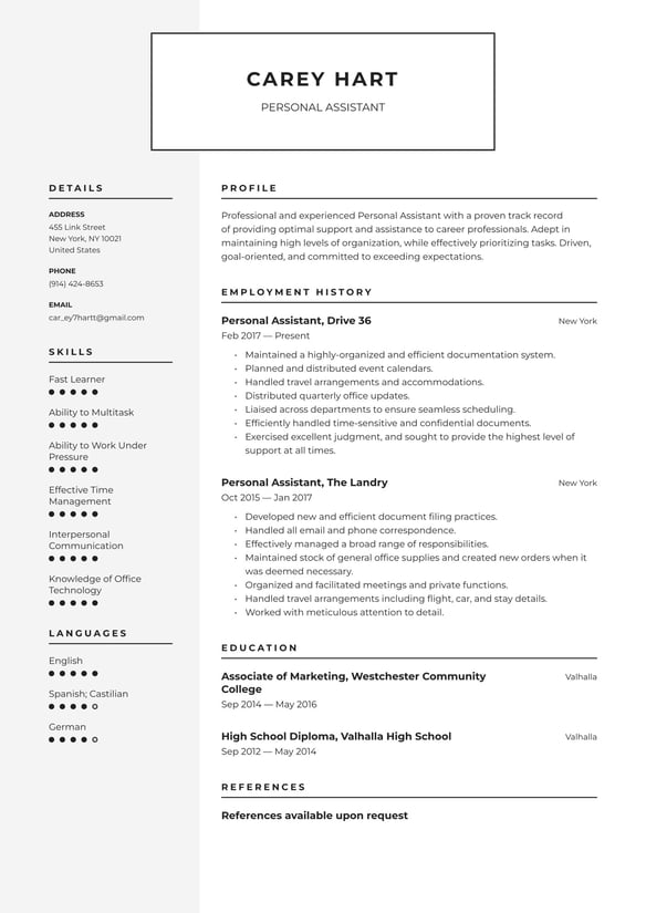 Personal Assistant resume example