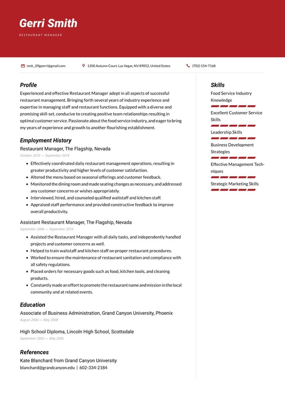 Restaurant Manager resume example