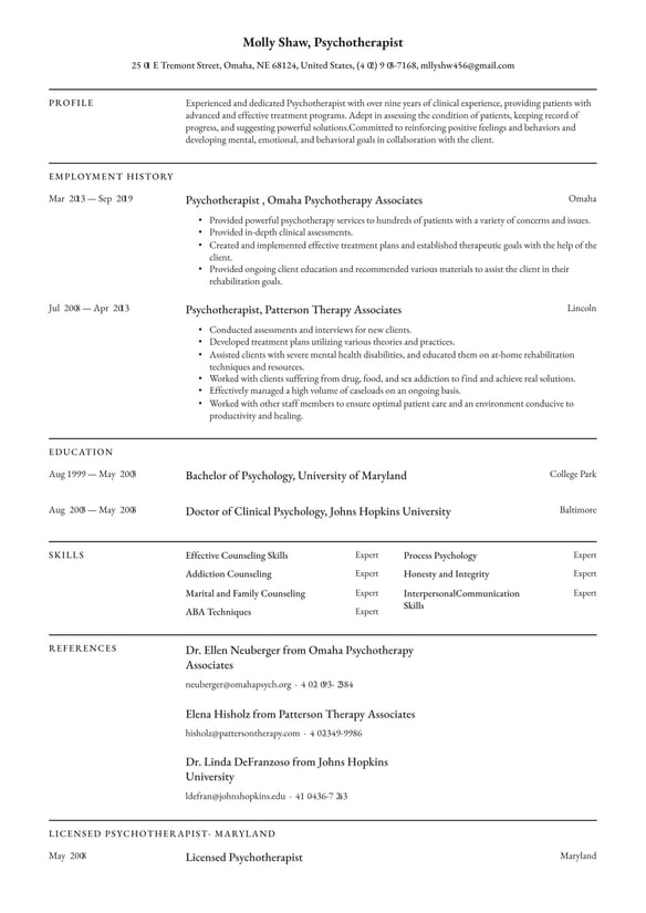 Psychotherapist resume example