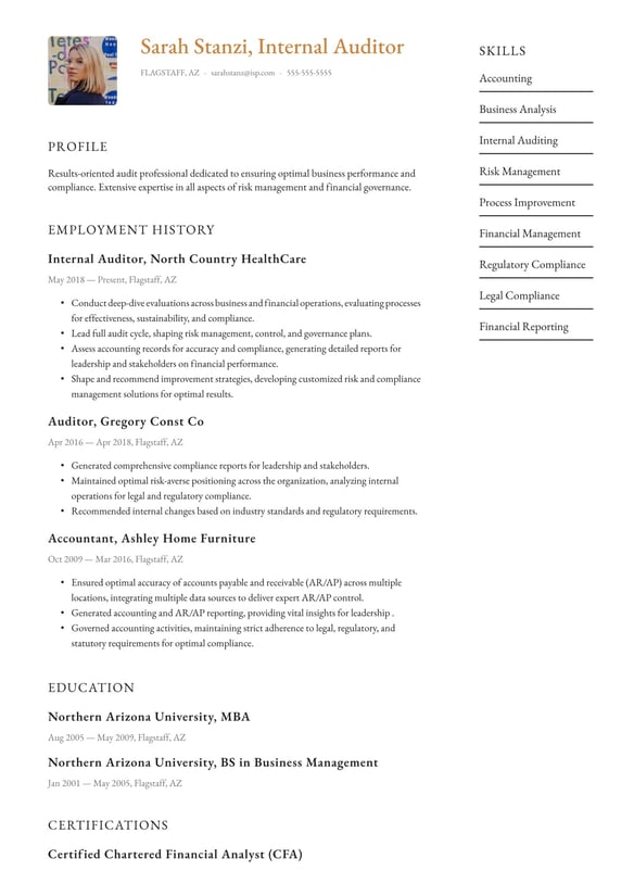 Internal auditor resume example