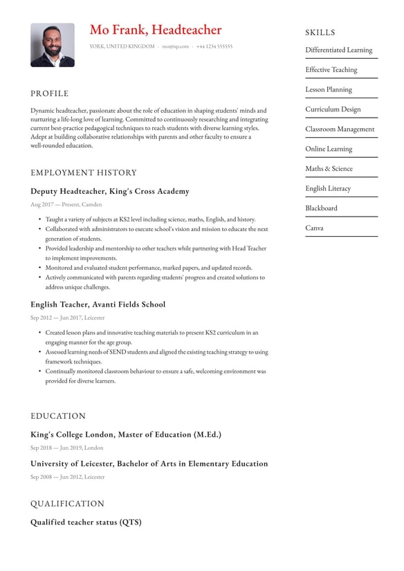 Headteacher resume example
