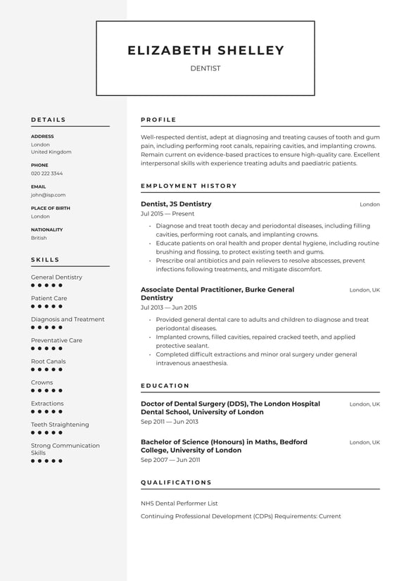 Dentist resume example