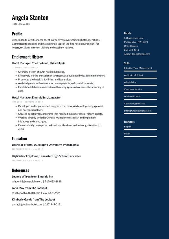 Hotel Management  resume example