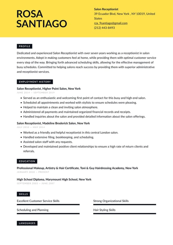 Salon Receptionist resume example