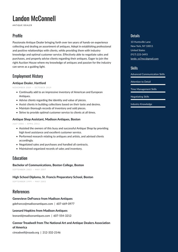 Antique Dealer resume example