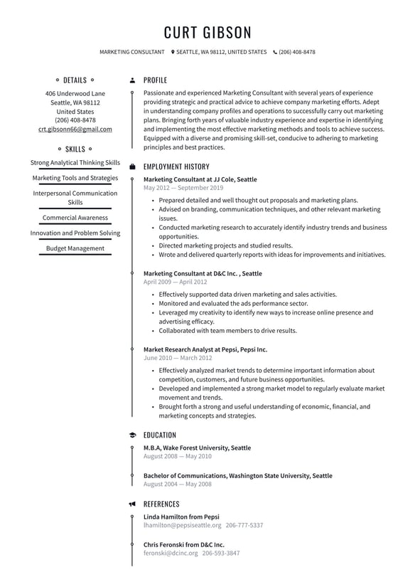 Marketing Consultant resume example