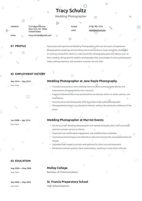 Wedding Photographer resume example