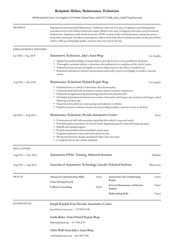 Maintenance Technician resume example