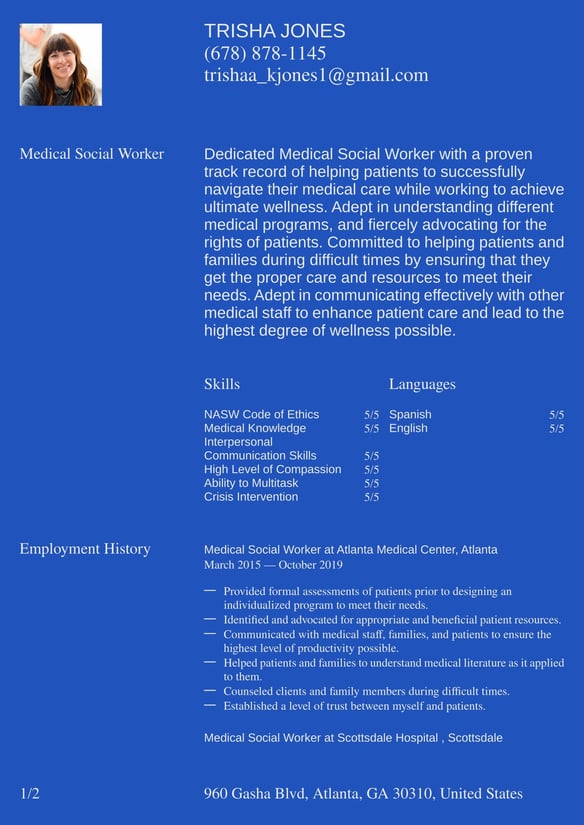 Medical Social Worker resume example