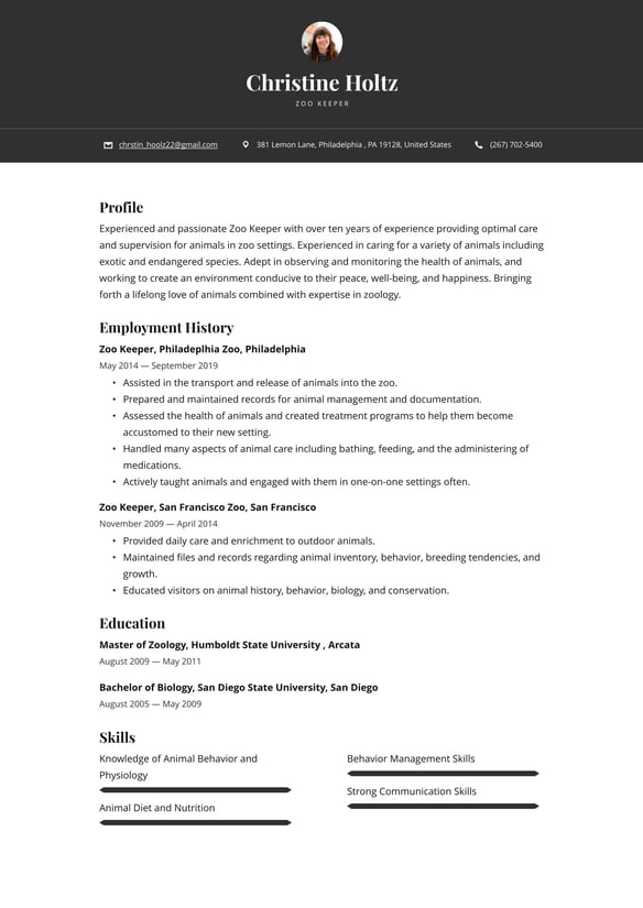 Zookeeper resume example