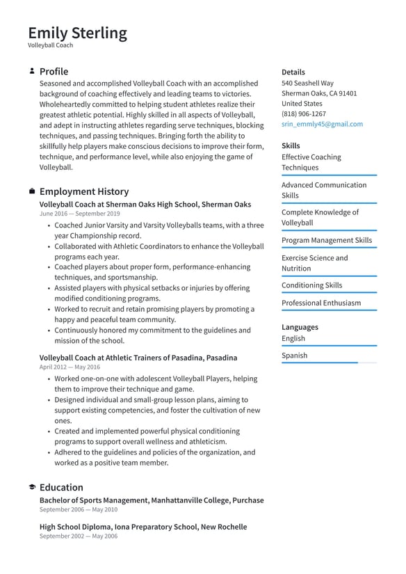 Volleyball Coach resume example