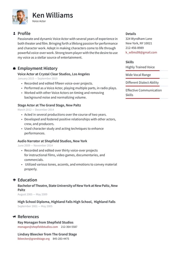 Voice Actor resume example