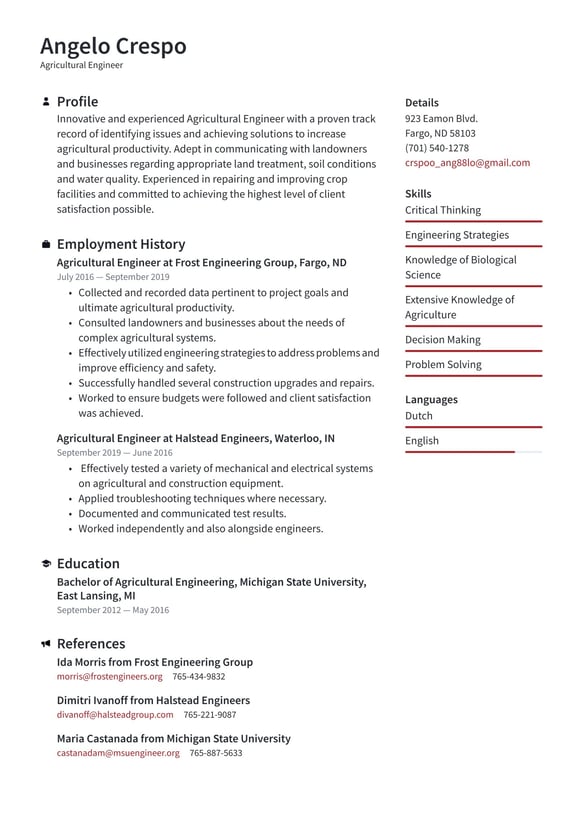 Agricultural Engineer resume example