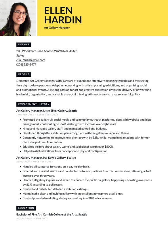 Art Gallery Manager resume example