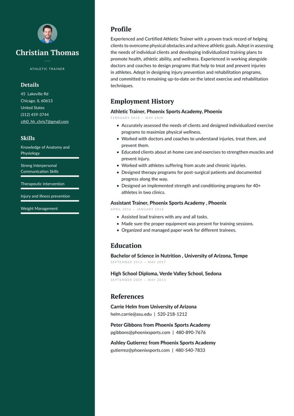 Athletic Trainer resume example