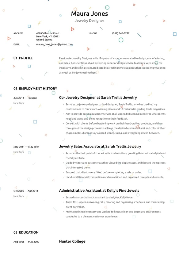 Jewelry Designer resume example
