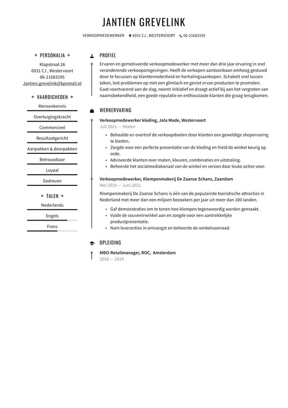 Verkoopmedewerker resume example