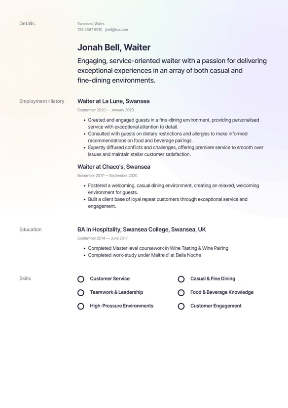 Waiter resume example