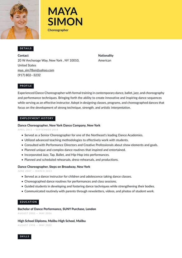 Choreographer resume example