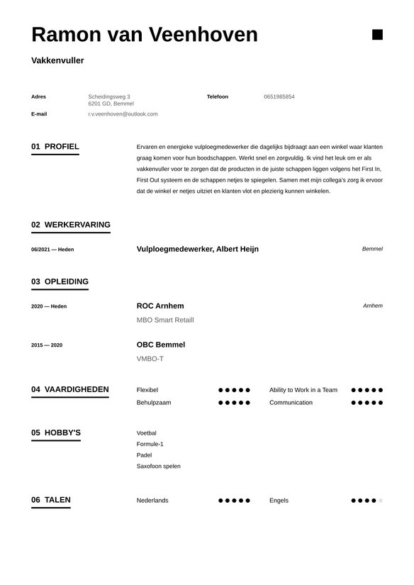 Vakkenvuller resume example