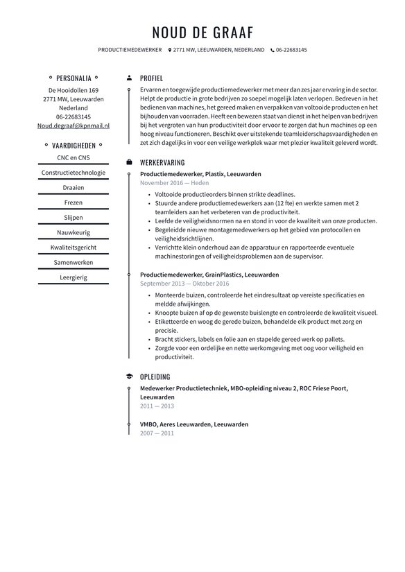 Productiemedewerker resume example