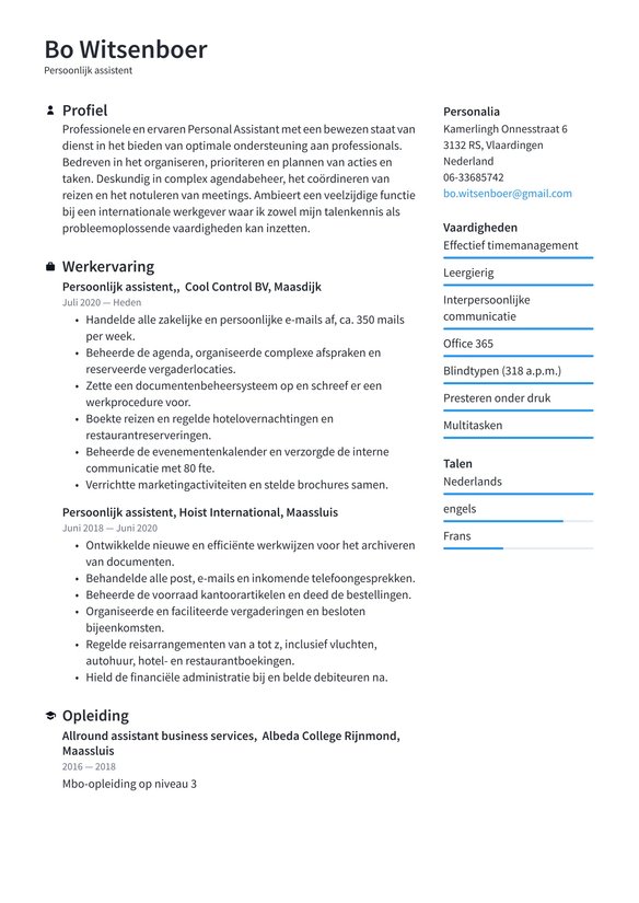 Persoonlijk Assistent resume example