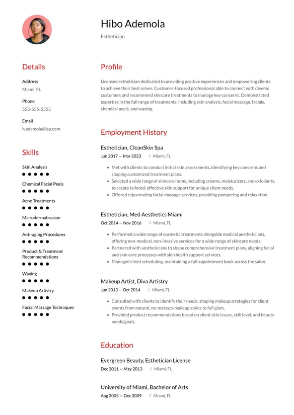 Esthetician resume example