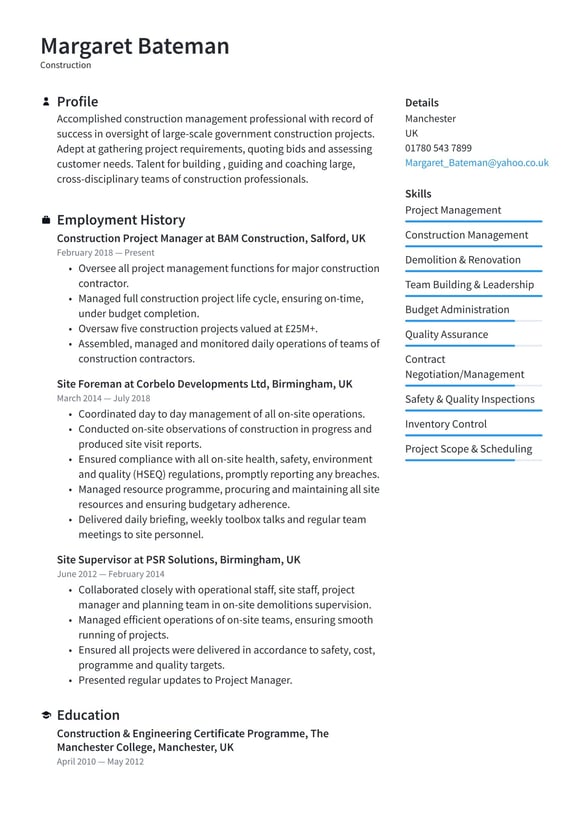 Construction resume example