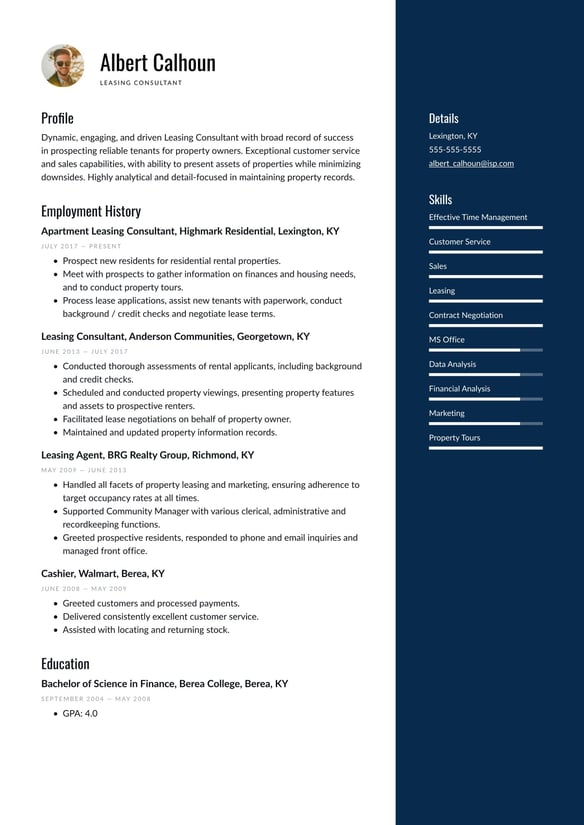 Leasing Consultant resume example