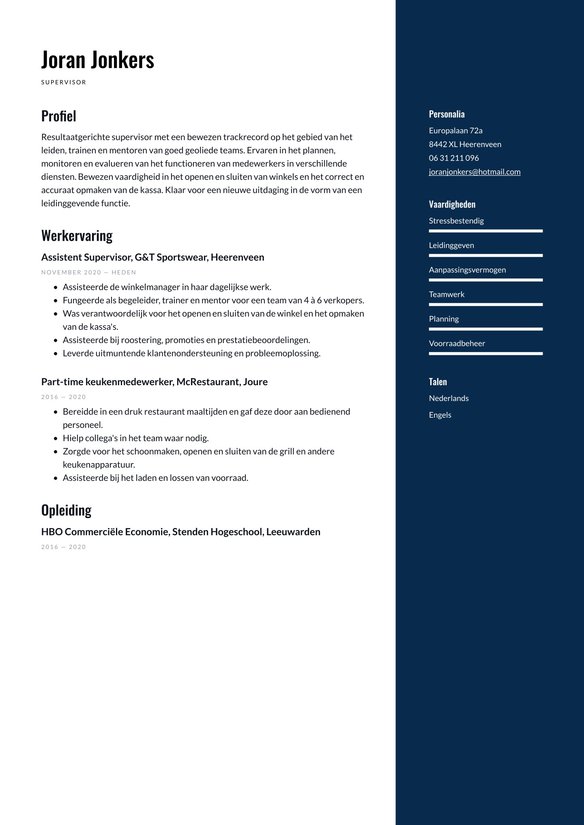 Supervisor resume example