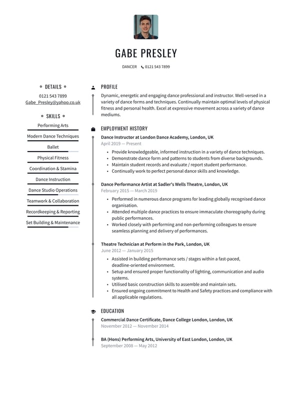 Dancer resume example