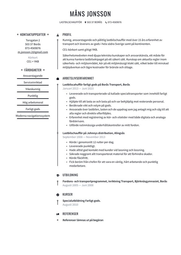 Lastbilschaufför resume example