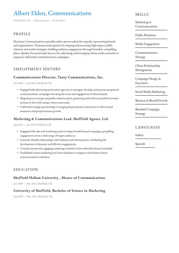 Communications resume example