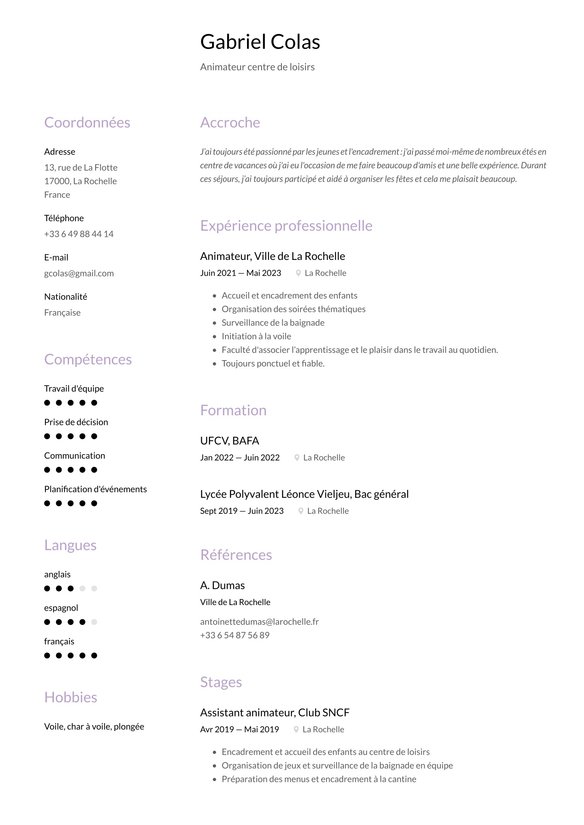 CV d’animateur resume example