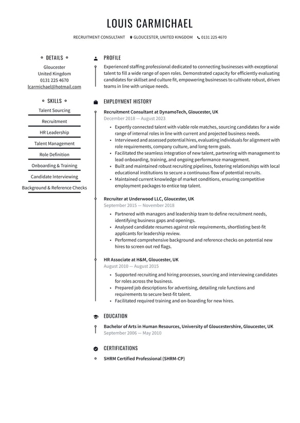 Recruitment Consultant resume example
