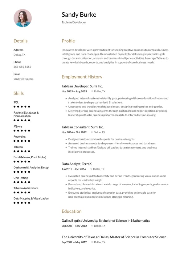 Tableau Developer resume example