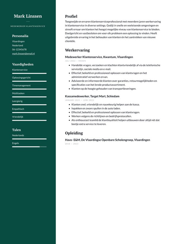 Medewerker Klantenservice resume example