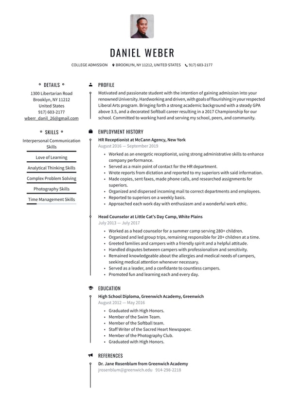 College Admissions resume example