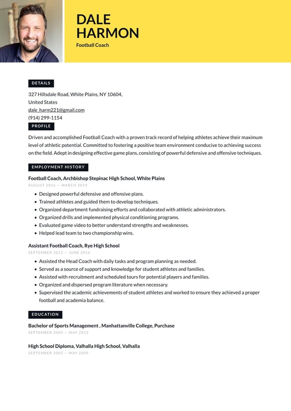 Football Coach resume example
