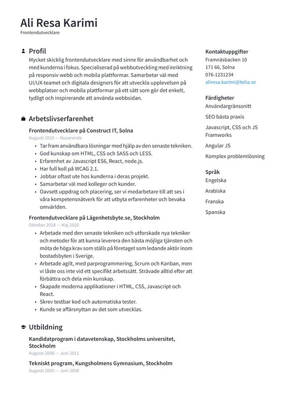 Frontendutvecklare resume example