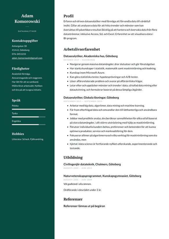 Dataanalytiker resume example