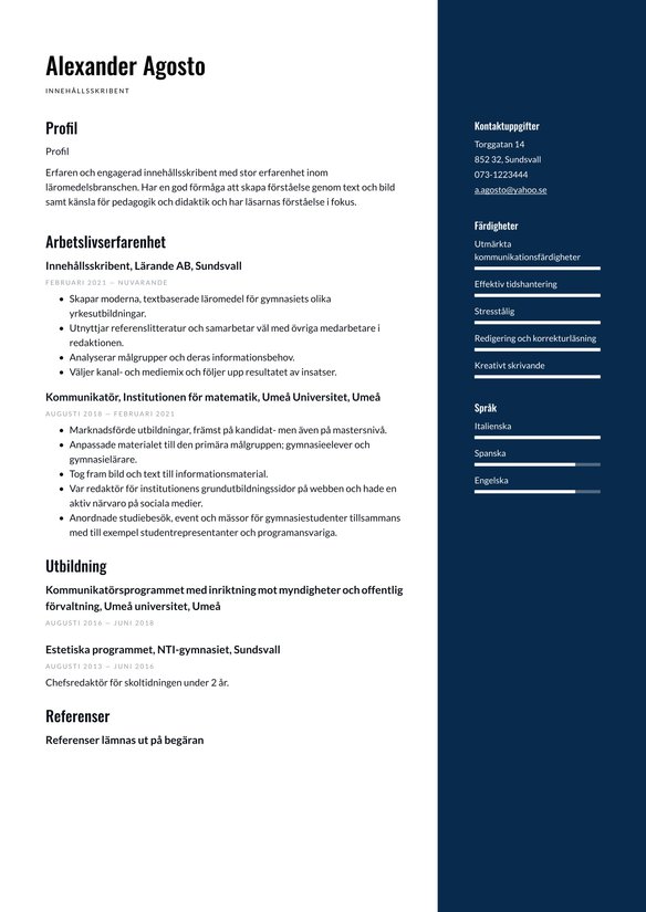 Inneh&aring;llsskribent resume example