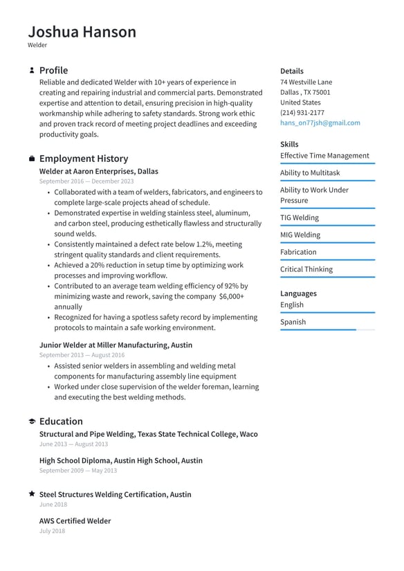 Welder resume example