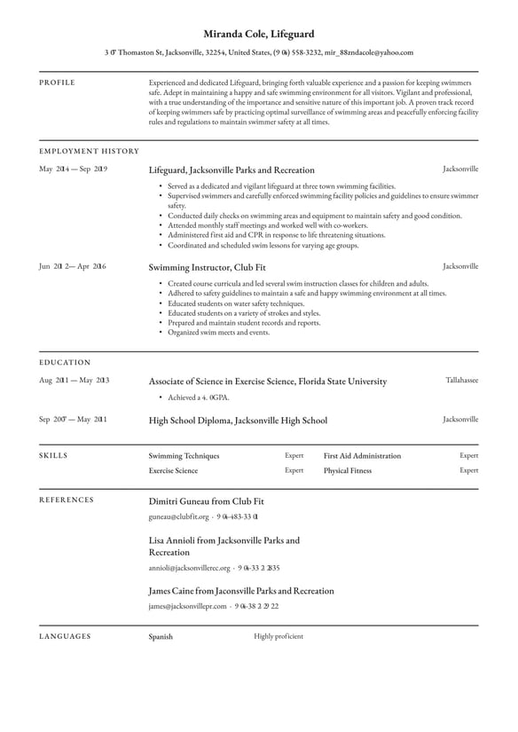 Lifeguard resume example