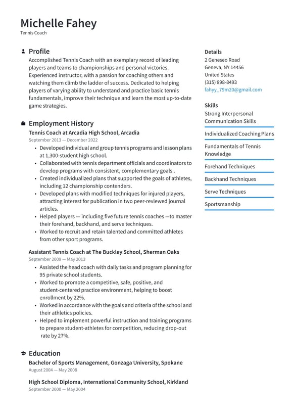 Tennis Coach resume example