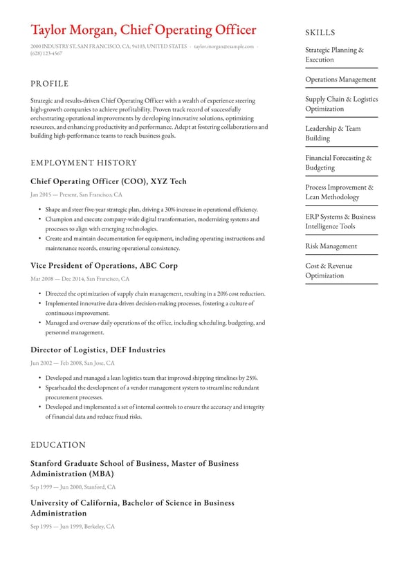 Chief Operating Officer resume example