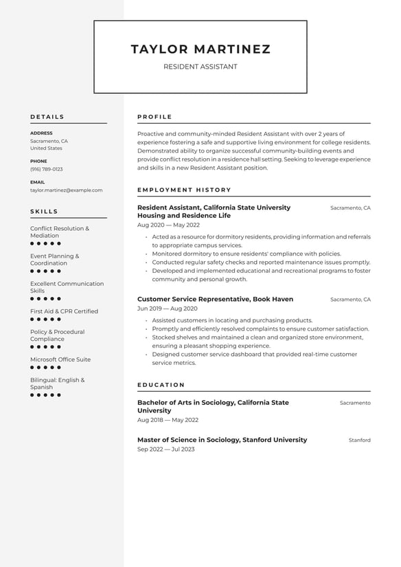 Resident Assistant resume example