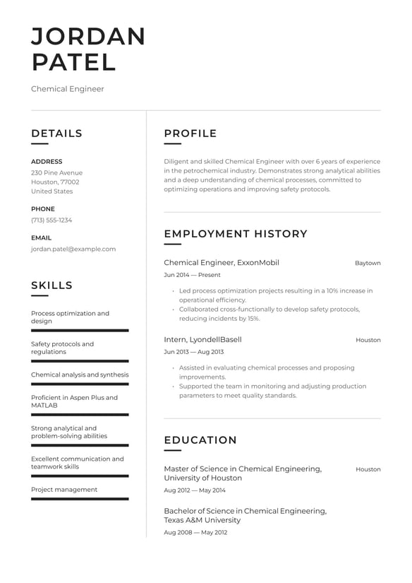 Chemical Engineer resume example