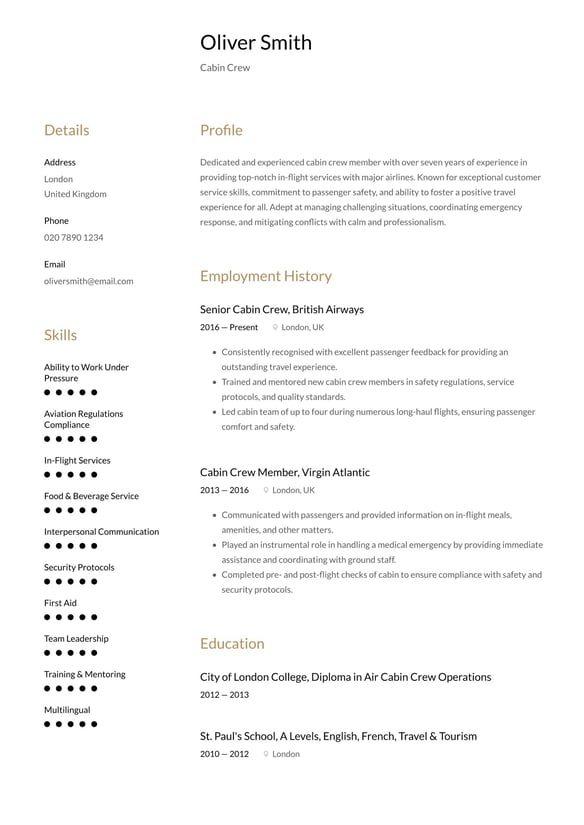 Cabin Crew resume example